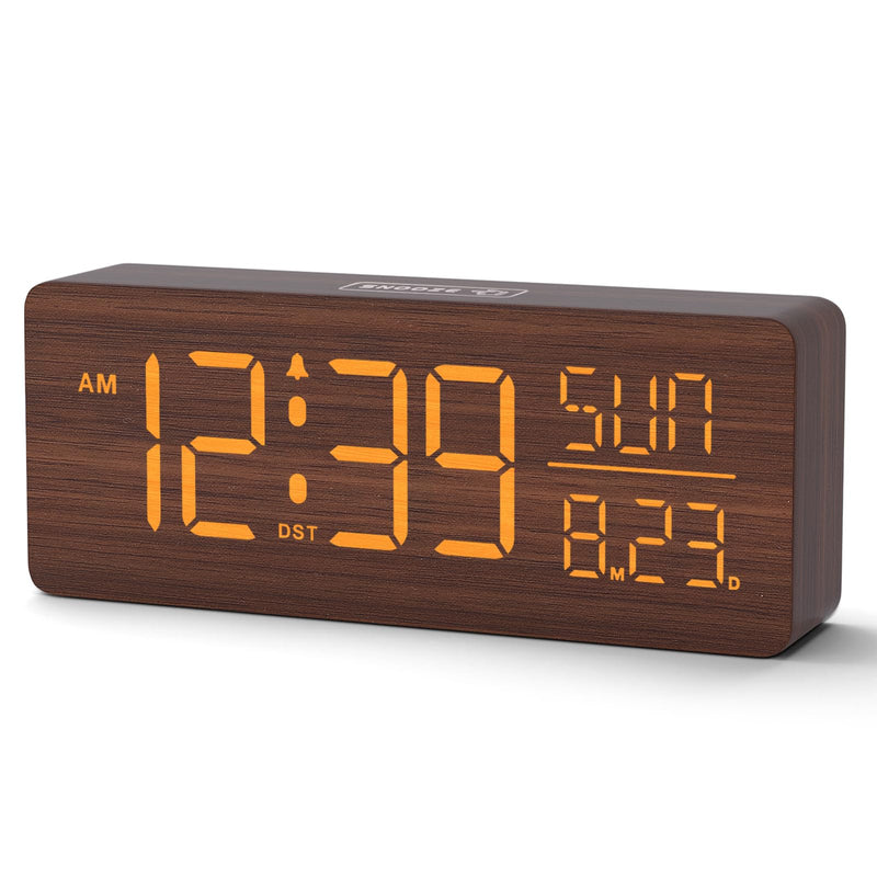 Peakeep Wooden Digital Alarm Clock Large Display, Textured Desk Table Decoration for Bedroom, Living Room, Plug in Clock with Time Date Day, 5 Brightness, Auto DST Brown (Plug In)