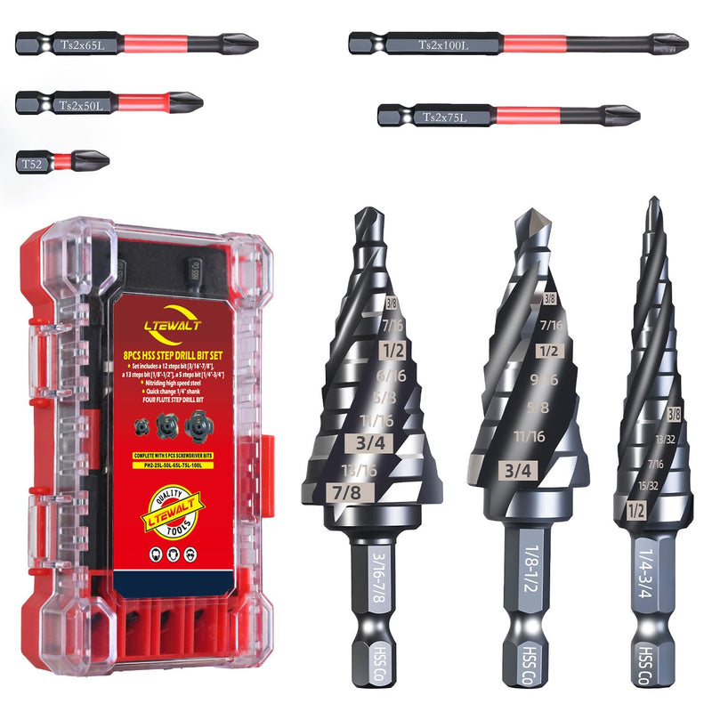 Unibit M35 Step Drill Bits Set with Magnetic Phillips Screwdriver 1/8-7/8 Inch-8 PCS Titanium Coated HSS 4-Flute Bits, Works on Steel, Metal, Aluminum, Plastic & Wood, with Storage Box Black