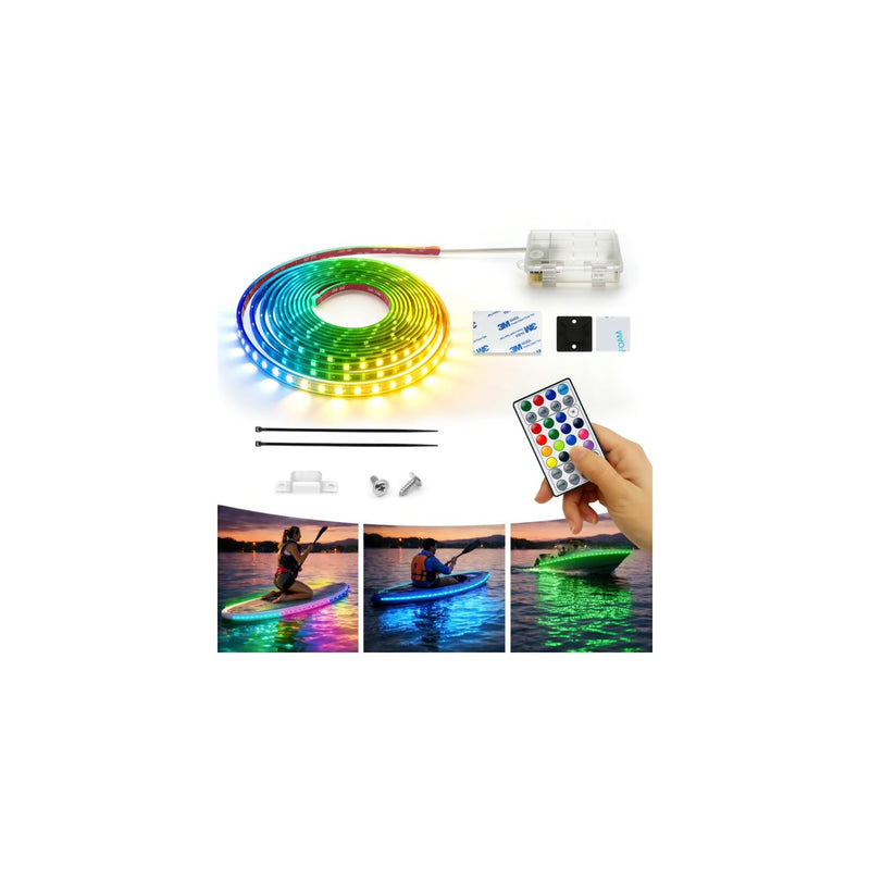 Battery Powered RGB+IC Dream Color Chasing Marine Boat LED Strip Lights with Remote, 16.4FT IP68 Waterproof WS2812B Addressable Kayak SUP Light for Pontoon, Paddleboard, Canoes, Golf Cart 1 x 16.4FT