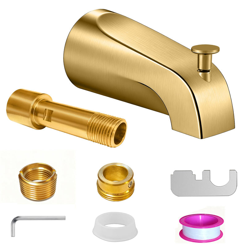 Bathtub Spout with Diverter, All Metal,5.3 Inch Tub Spout, Fits 1/2" Copper Slip-On and 1/2" or 3/4" IPS Threaded Pipes, Leak-Free, Slip Fit Tub Spout with Pull-Up Diverter，Brushed Gold Brushed Gold
