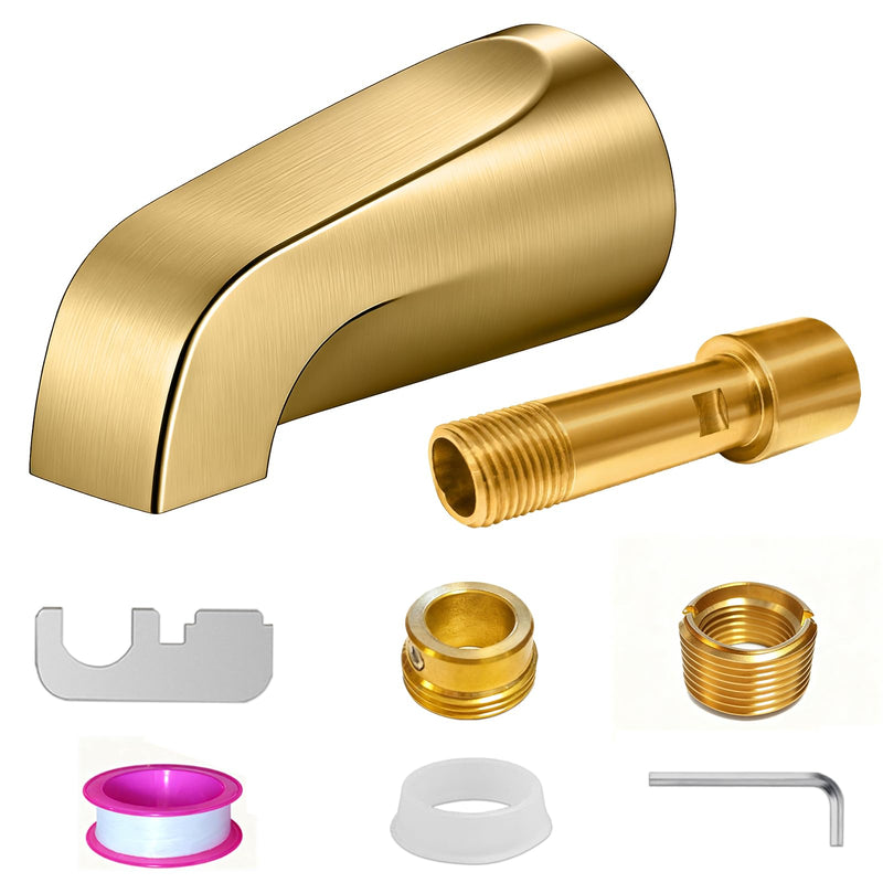 Brushed Gold Bathtub Spout Without Diverter, All Metal,5.3 Inch Tub Spout, Fits 1/2" Copper Slip-On and 1/2" or 3/4" IPS Threaded Pipes, Leak-Free, Slip Fit Tub Spout Without Diverter Brushed Gold