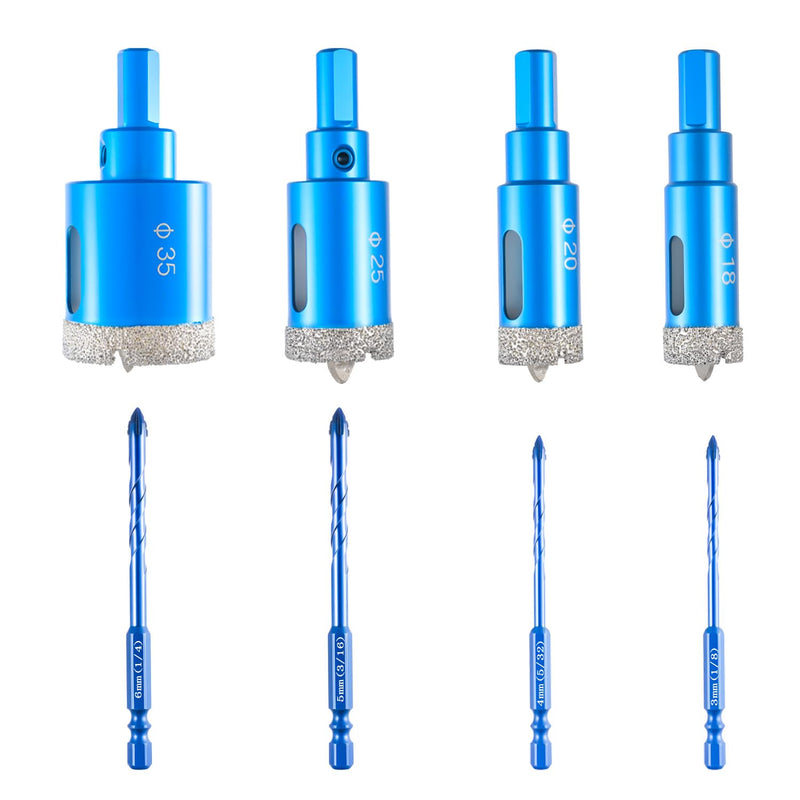 Diamond Hole Saw Kit with Pilot Drill Bit & Carbide Drill Bits - 18/20/25/35mm Hole Saws + 3-6mm Hex Shank Bits for Glass, Ceramic, Marble, Porcelain Tile, Granite, Quartz, Brickwork 1