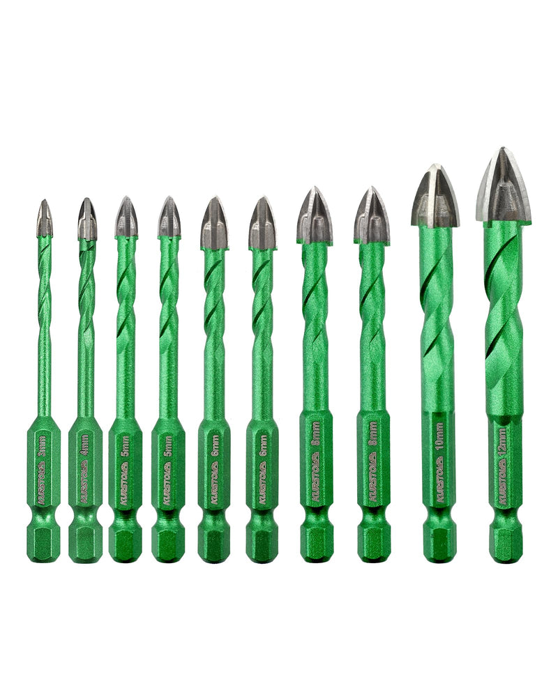 10 PCS Masonry Drill Bits Set - KURSTOL 1/8" 5/32" 3/16"*2 1/4" 2 5/6"*2 3/8" 1/2" Concrete Drill Bit for Wood Plastic Masonry Brick Glass Tile Marble, Cross Tungsten Carbide Tip, Quick-fit Hex Shank 3/4/5*2/6*2/8*2/10/12mm 10