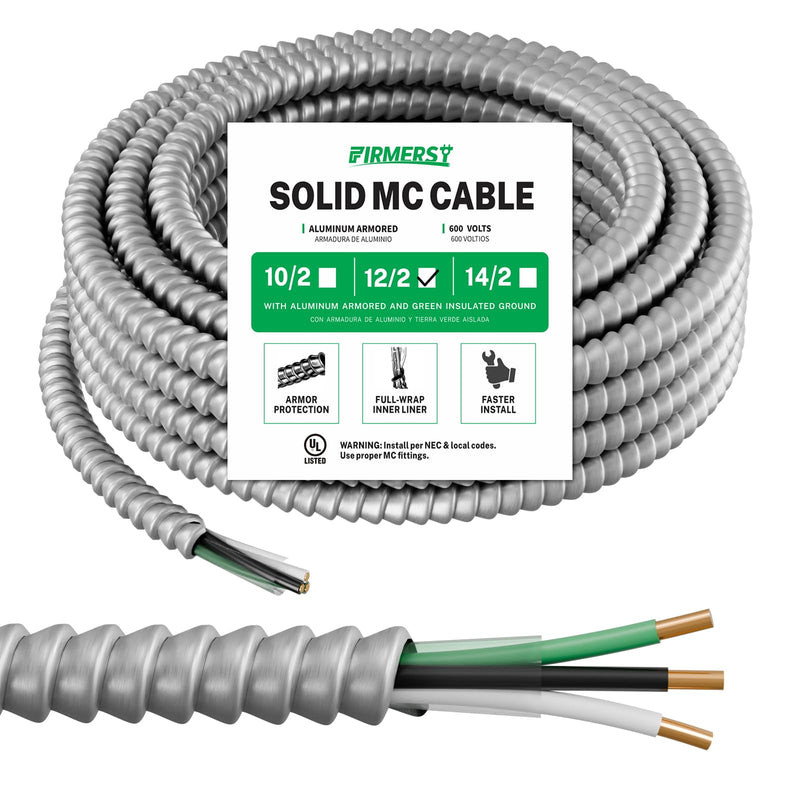 FIRMERST 12/2 MC Cable with Ground, 25 FT, Solid Copper, Armored, 600V 12AWG/2