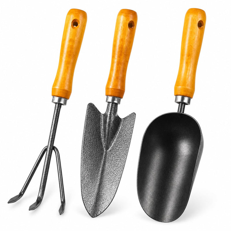 3-in-1 Heavy Duty Gardening Tools Kit, Premium Carbon Steel Garden Hand Tools with Ergonomic Wooden Handle Includes Trowel, Transplanter, and Cultivator, Ideal Gardening Gifts for Gardener