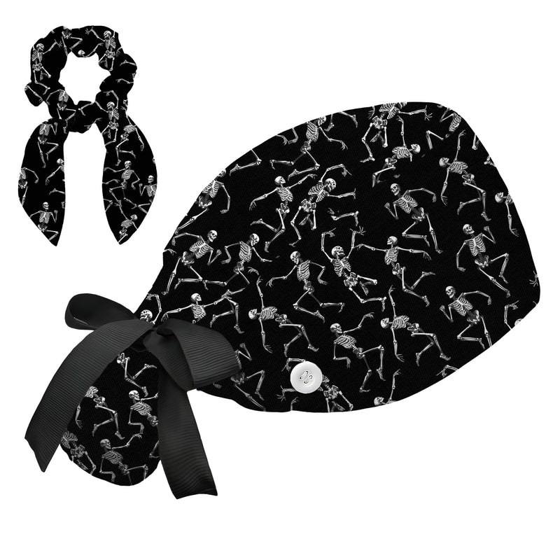Ponytail Scrub Cap for Women - Surgical Caps with Breathable Fabric,Comes with a Matching Bow Scrunchie Hair Tie Black Skull