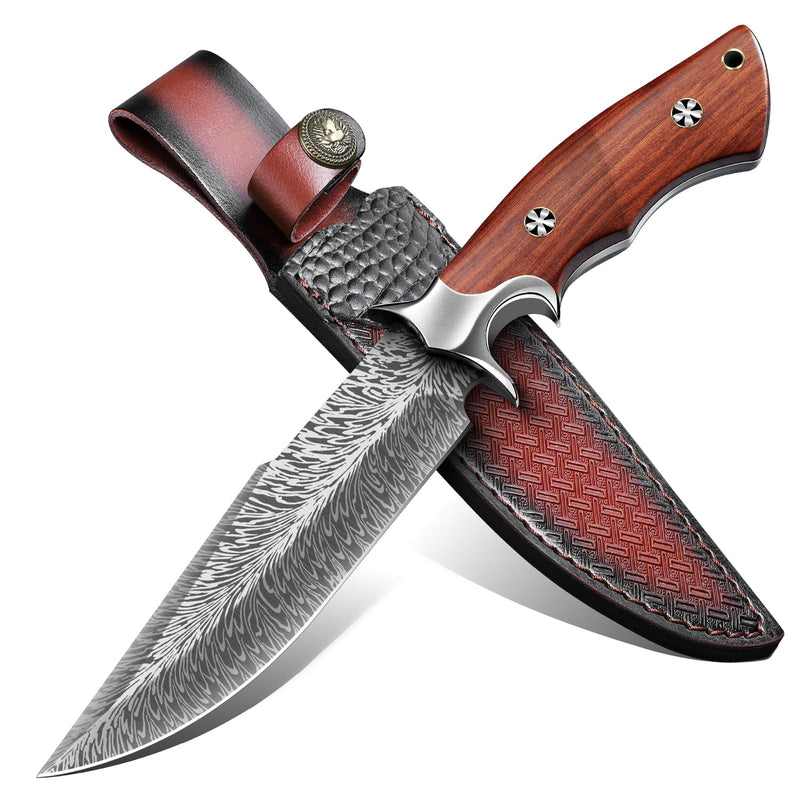 Purple Dragon Fixed Blade Knife with Leather Sheath – Hand Forged Camping Knife with Full Tang Rosewood Handle for Survival Outdoor Tasks, Gifts for Men Outdoor Enthusiasts