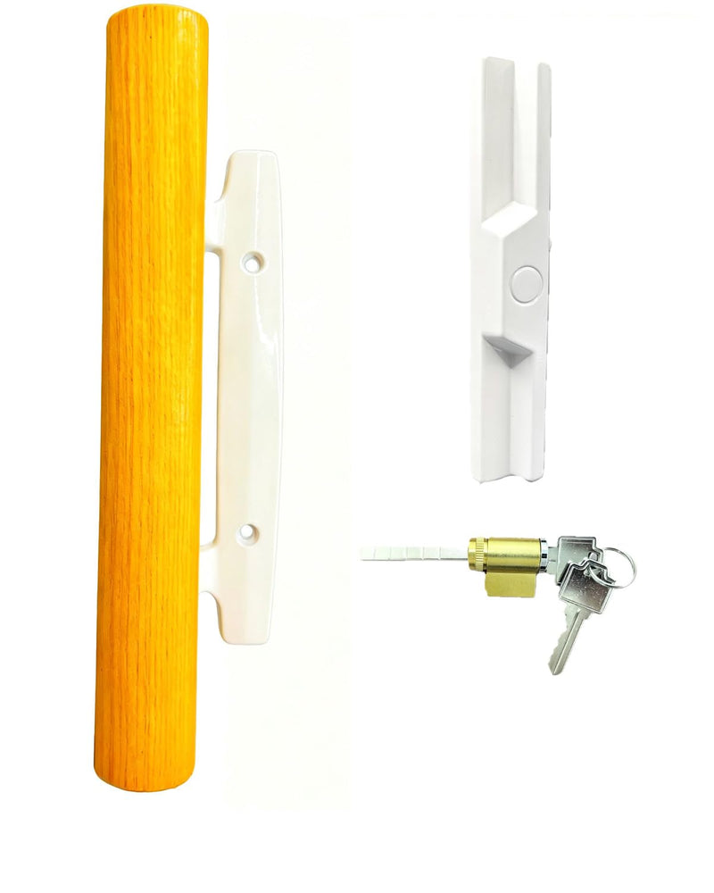 Sliding Patio Door Handle Set, Natural Wood Interior & White Zinc Exterior(White), With Keyed , Fits 3-15/16" Hole Spacing, Universal Easy Install Replacement for Sliding Glass Doors.Pull Handle Set