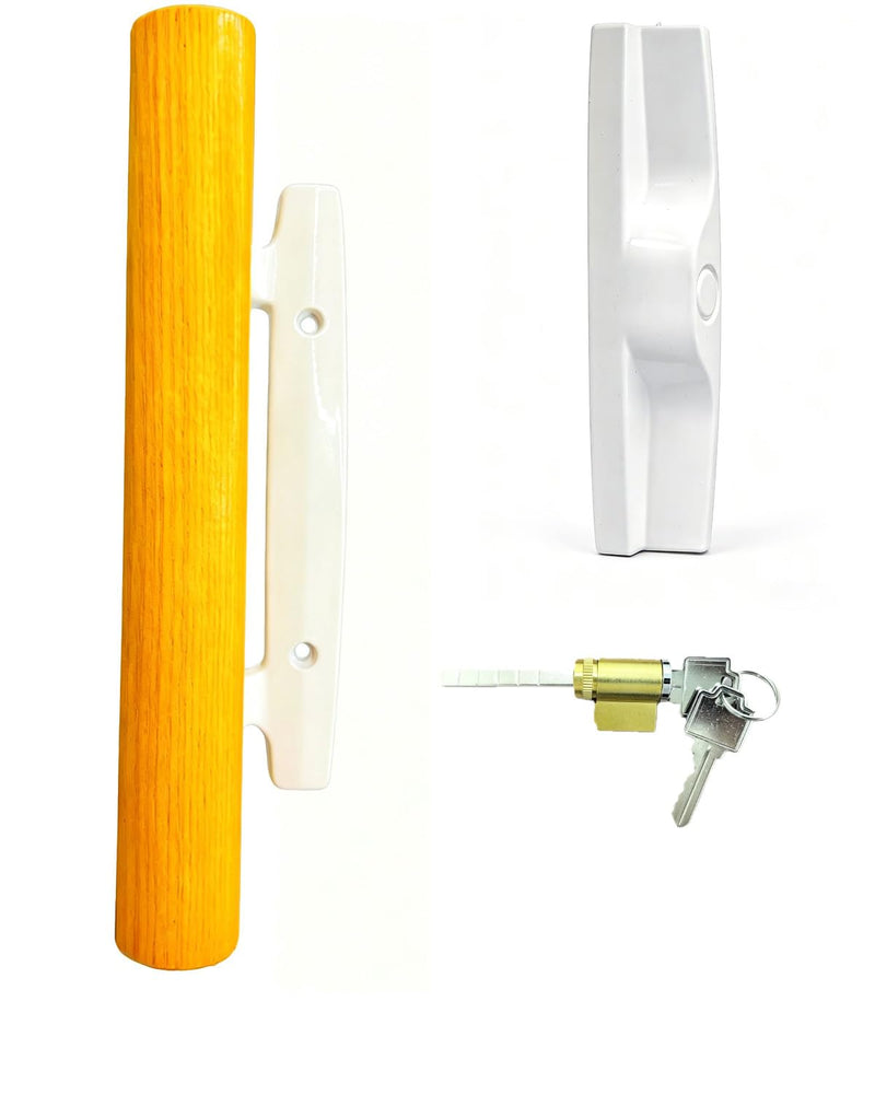 Sliding Patio Door Handle Set, Natural Wood Interior & White Zinc Exterior(White), For Keyed , Fits 3-15/16" Hole Spacing, Universal Easy Install Replacement for Sliding Glass Doors.Pull Handle Set