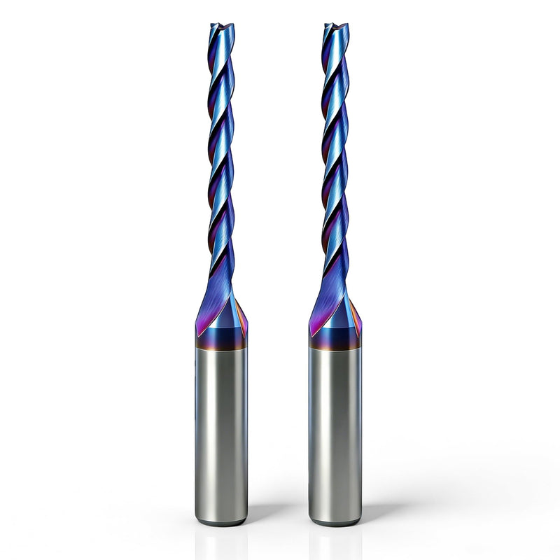 CNC Router Bit 1/8 inch Cutting Dia, 1/4 inch Shank, 3 Flutes Upcut Spiral Router Bit, Solid Carbide End Mill with Nano Blue Coating for Wood PVC Carving Engraving (2 Pack) 2 Pack