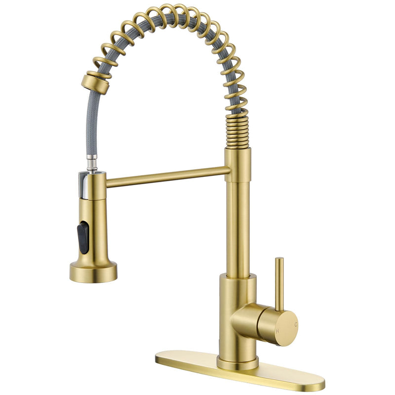 Kitchen Faucet with Pull Down Sprayer, Brushed Gold High Arc Single Handle Spring Pull Out Stainless Steel Faucet for Kitchen Sink, 2 Mode Utility Ideal for Laundry Camper Bar RV Room B-Gold Classic