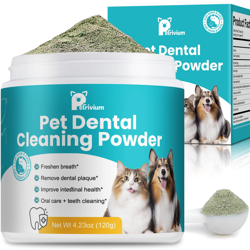 Dog Teeth Cleaning Powder, Dental Powder for Dogs Teeth Cleaning and Breath Fresh, Bad Breath Fresher & Tartar Remover with Enzyme, Probiotics. Plaque Off Pet Tooth Cleaning 120 Grams 60 Servings