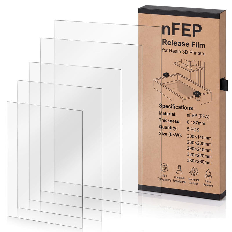 5 Pcs Nfep Film for Resin 3D Printer Nfep Film Release Films for Large Format SLA and LCD 3D Printers Multiple Sizes: 200x140mm, 260x200mm, 290x210mm, 320x220mm, 380x260mm