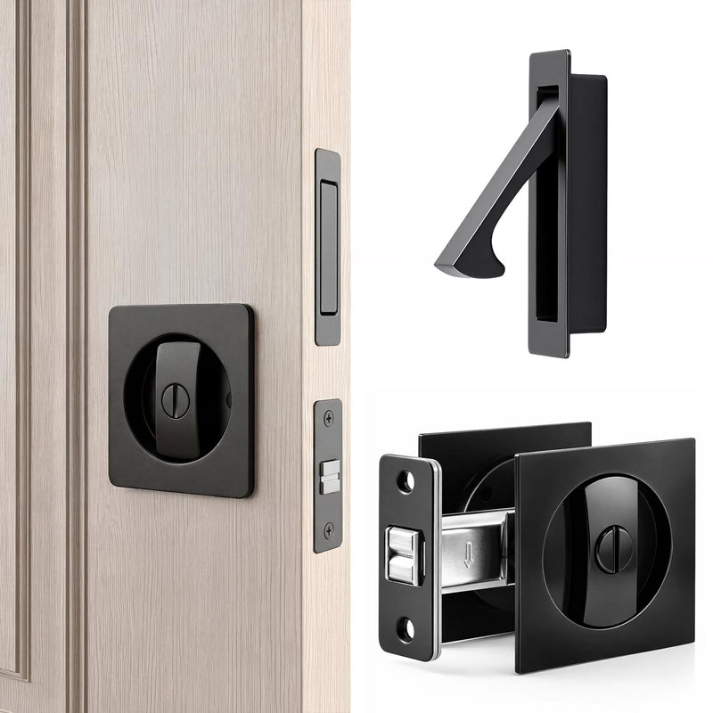 Hicarer 1 Set Pocket Door Privacy Lock with Edge Pull, 2-3/8" Backset, Stainless Steel, 2 Sided Recessed Knob, Pocket Door Hardware for 1-3/8" to 2-3/16" Bathroom & Sliding Doors (Square,Black) Black Square