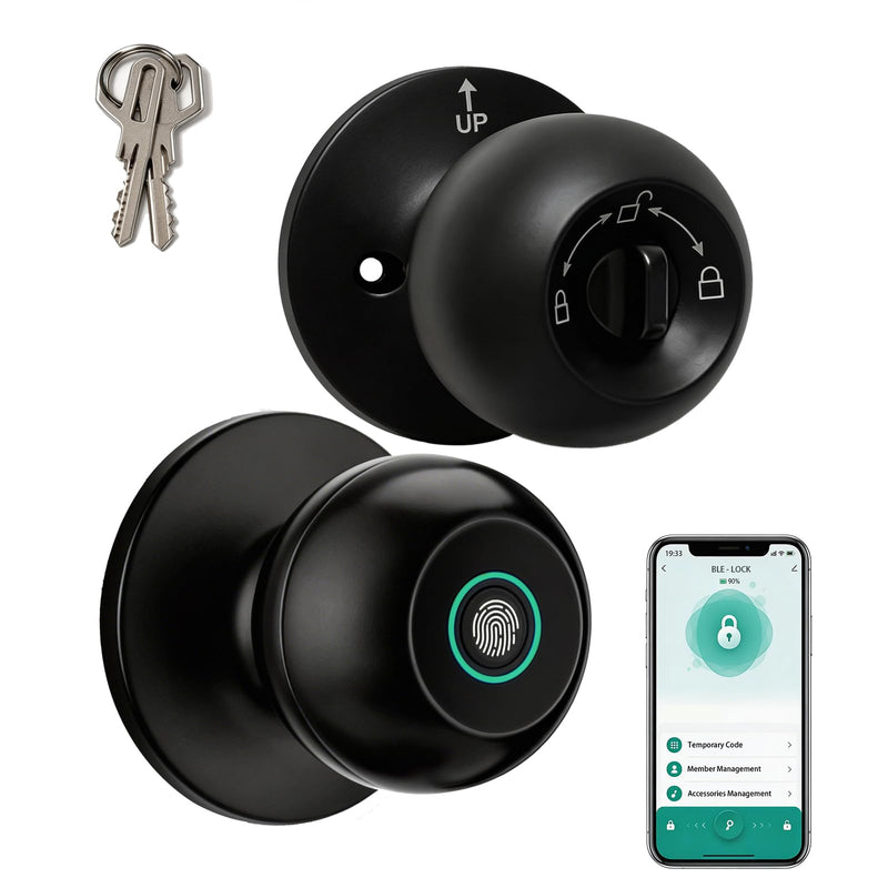 Fingerprint Door Knob, Smart Door Knob Lock with Bluetooth App Control and Backup Keys, 3-in-1 Biometric Door Lock for Bedroom, Home Office and Apartment, Matte Black