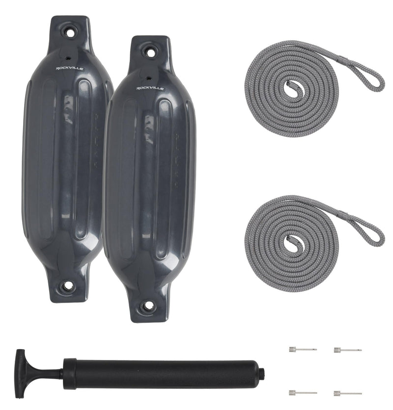 Rockville Boat Fender Package 4.5in x 16in Marine Bumpers with Dock Lines & Pump for Docking and Boat Protection Grey 2-Pack