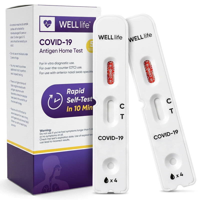 WELLlife COVlD-19 Antigen Home Test, Covid Tests 5 Pack, Results in 10 Mins | OTC Non-Invasive Nasal Swab Test, Suitable for Aged 2 and Up, Ideal for Family, School, Workplace and Travel Screening