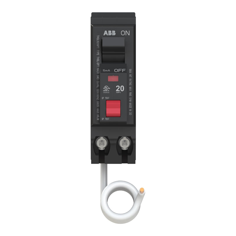 ABB Q-Line® THQL1120GFT Ground Fault Circuit Breaker • 20 Amp Single-Pole Breaker • GFCI Protection • 120/240 VAC • 10 kAIC Interrupt Rating • Plug-On Pigtail Breaker for Load Centers