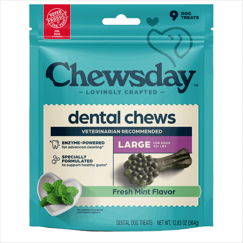 Chewsday Fresh Mint Flavor Dental Chews, Large Dog Treats, Healthier Teeth and Fresher Breath, Enzyme Powered for Advanced Cleaning, Made in the USA, 9 Count 9 Count (Pack of 1)