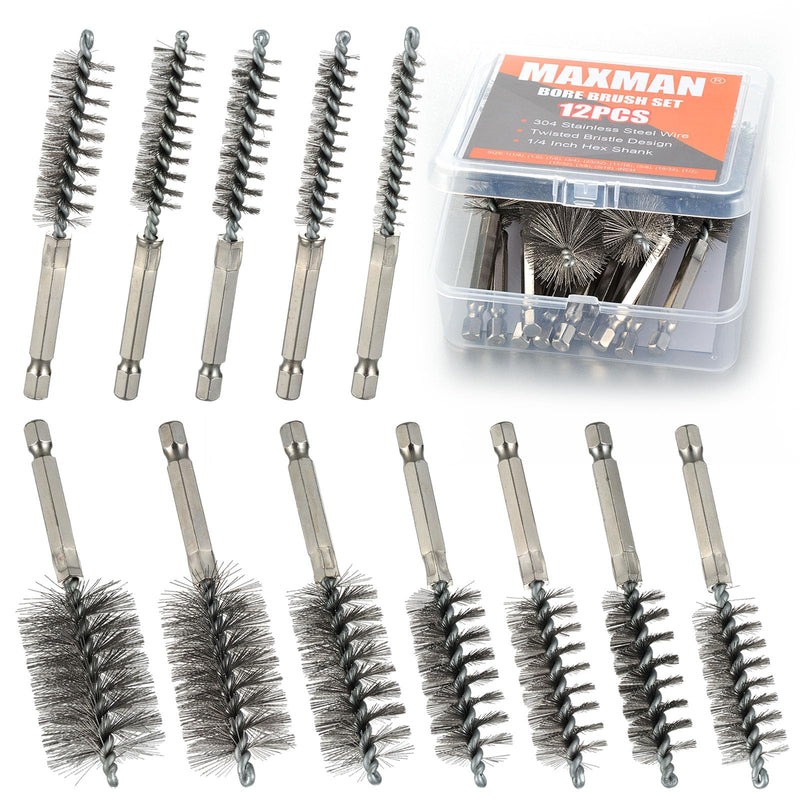 MAXMAN Wire Brush for Drill, 12pcs Stainless Steel Bore Brush with 1/4” Hex Shank, Durable Metal Bristles Twisted, 12 Size for Metal, Pipes, Tubes Cleaning, Rust & Paint Removal, Fits Power Drill Stainless Steel-12 Piece