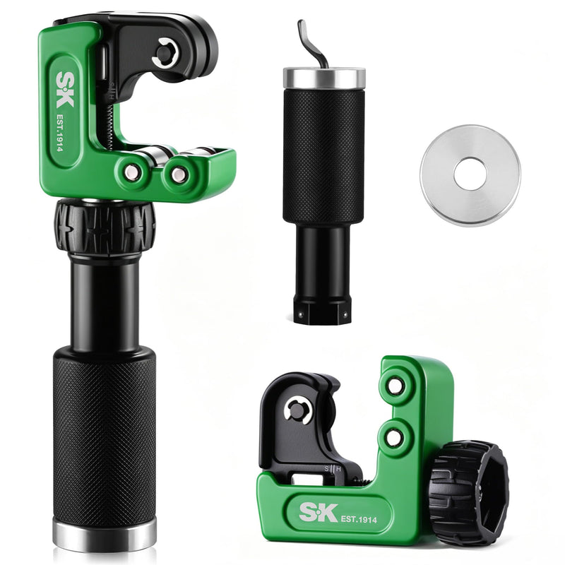 SK 2-Piece Tube Cutter Set, 1/4"–1 1/4" OD Pipe Cutter with Detachable Extension Handle & Concealed Deburring Scraper, 52100 Bearing Steel Blade for Copper, Aluminum and PVC Tube
