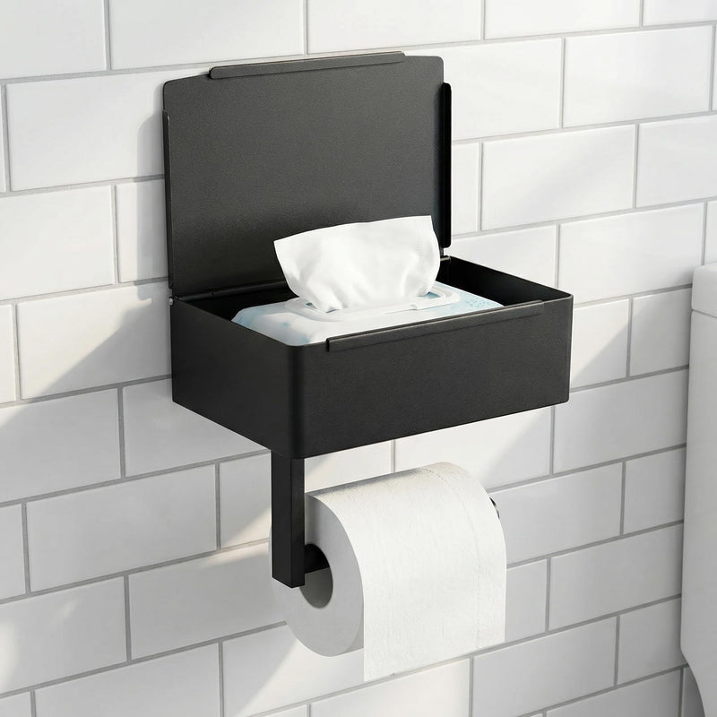 Black Toilet Paper Holder with Storage, Wall Mount Bathroom Tissue & Wipes Holder with Shelf, 2 Installation Methods (No-Drill/Drill), Includes Installation Instructions
