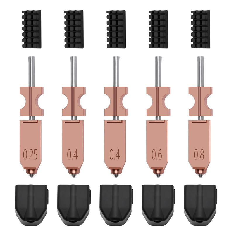 5 PCS Quick-Swap Nozzles Kit for AD5X, 2 PCS 0.4mm, 1 PC 0.25mm, 1 PC 0.6mm, 1 PC 0.8mm Hardened Steel Tip Integrated Nozzles with 5 PCS Silicone Socks and Nozzle Wiper for Flashforge AD5X Multi Size