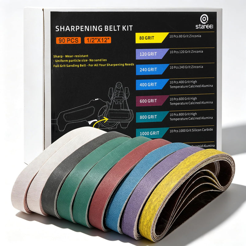 90 Pcs 1/2" x 12" Replacement Sharpening Belt Kit for Official Work Sharp Knife & Tool Sharpener (WSKTS & WSKTS-KT/Mk.1 & Mk.2) - Assorted Grits (80/120/240/400/600/800/1000/2500/5000) 90