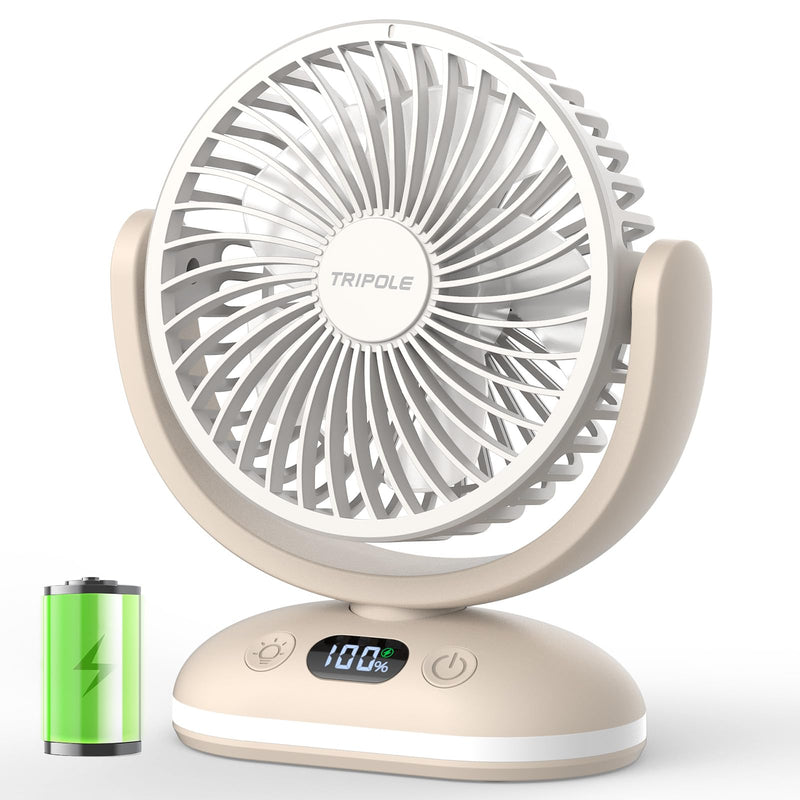 TriPole Desk Fan Small Quiet, Rechargeable Mini Portable Fan with LED Light Beige