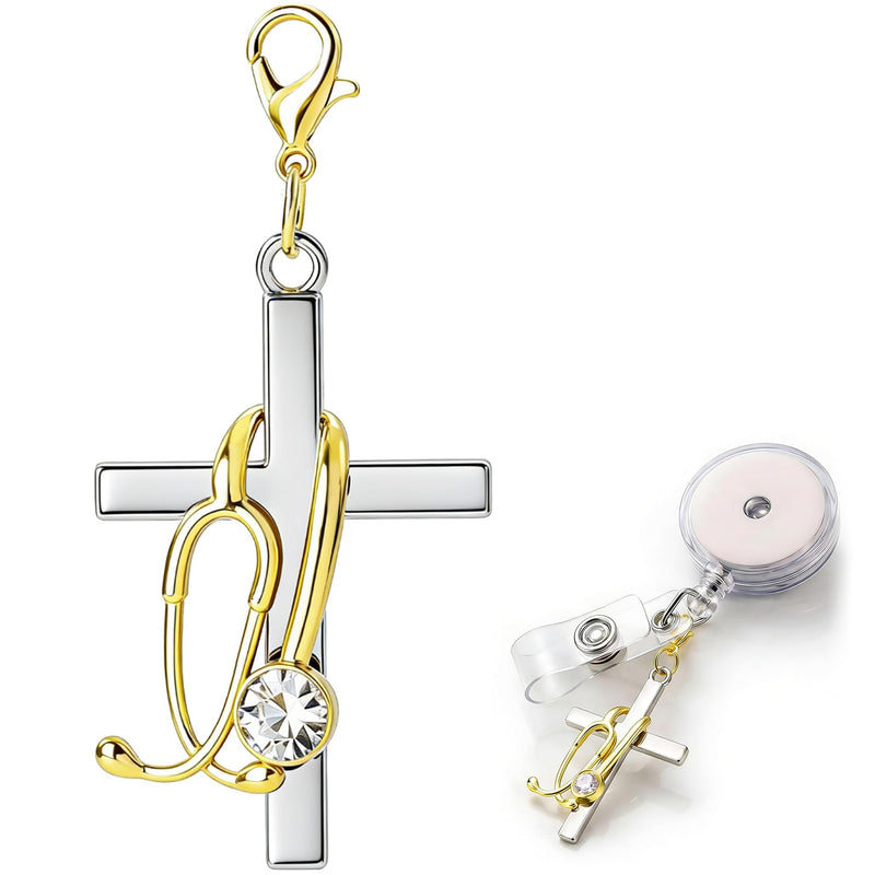 Cross Stethoscope Charm, Stainless Steel Cross Badge Reel Buddy Stethoscope Charm with Rhinestone, ID Holder Clip Badge Holders Reel Accessories for Nurse Doctor Keychains- Gold