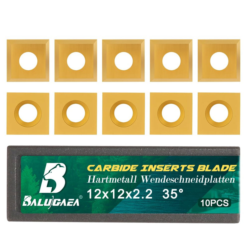 12mm Square Corner Carbide Inserts with TiN Coating, 10 Pieces | 12mmx12mm, 2.2mm Thick 35 Degree Cutting Angle, for Slab Flattening Bit CNC Spoilboard Surfacing Router Bit Replacement Blade Insert 12 x 12 x 2.2mm 35Degrees 10pieces TiN