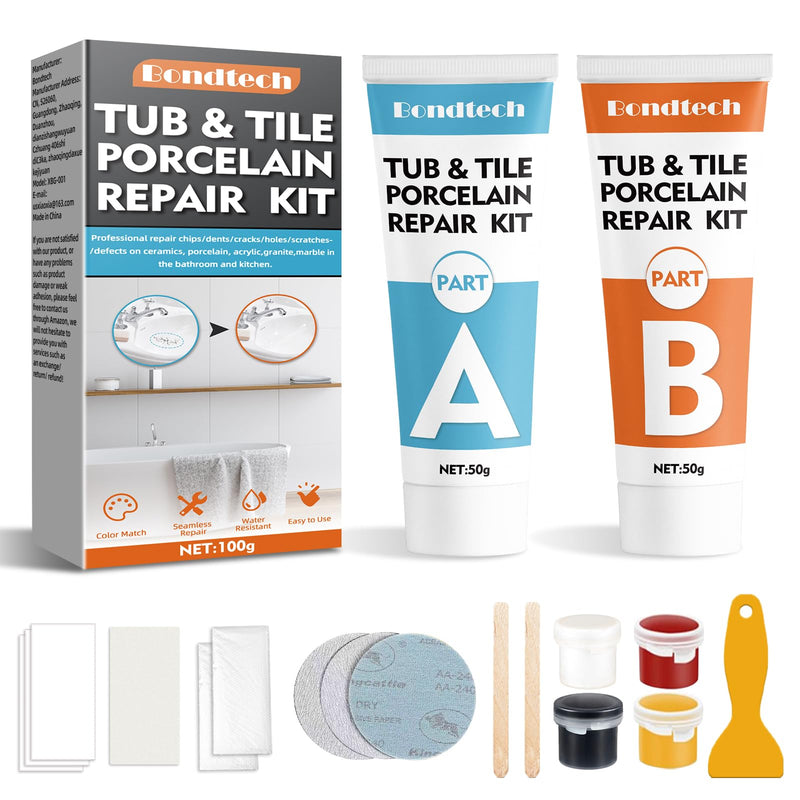 Bondtech Porcelain Repair Kit, White Bathtub & Tile Repair Kit, for Tub, Enamel, Fiberglass, Acrylic, Porcelain, Ceramic, Marble, Granite, Chips, Dents, Cracks, Hole (100) 100