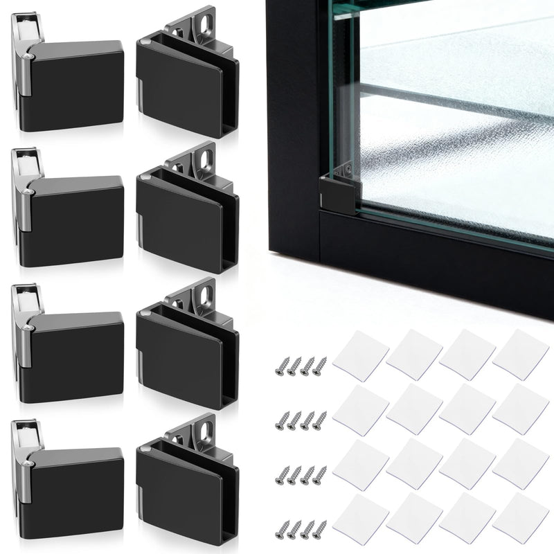 8 Pack Glass Frameless Door Hinge with Screws Black Cabinet Glass Shower No Drill Door Hinges Bulk Suitable for 3-5mm Thick 90 Degree Hinge Replacement for Wine Bookcase Kitchen Bathroom