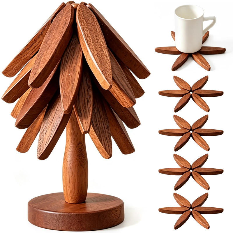 Tree Shape Wooden Trivet Set, 4 Pack Foldable Walnut Wood Hot Pot Holder with Stand, Expandable Heat Resistant Trivets for Kitchen Table Pot Pan Teapot Protection