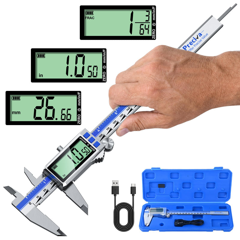 Preciva Digital Caliper 8 Inch, Rechargeable Stainless Steel Vernier Caliper with Large Display, Auto Off, Precision Inch/mm/Fraction Measuring Tool for DIY/Household/Woodworking
