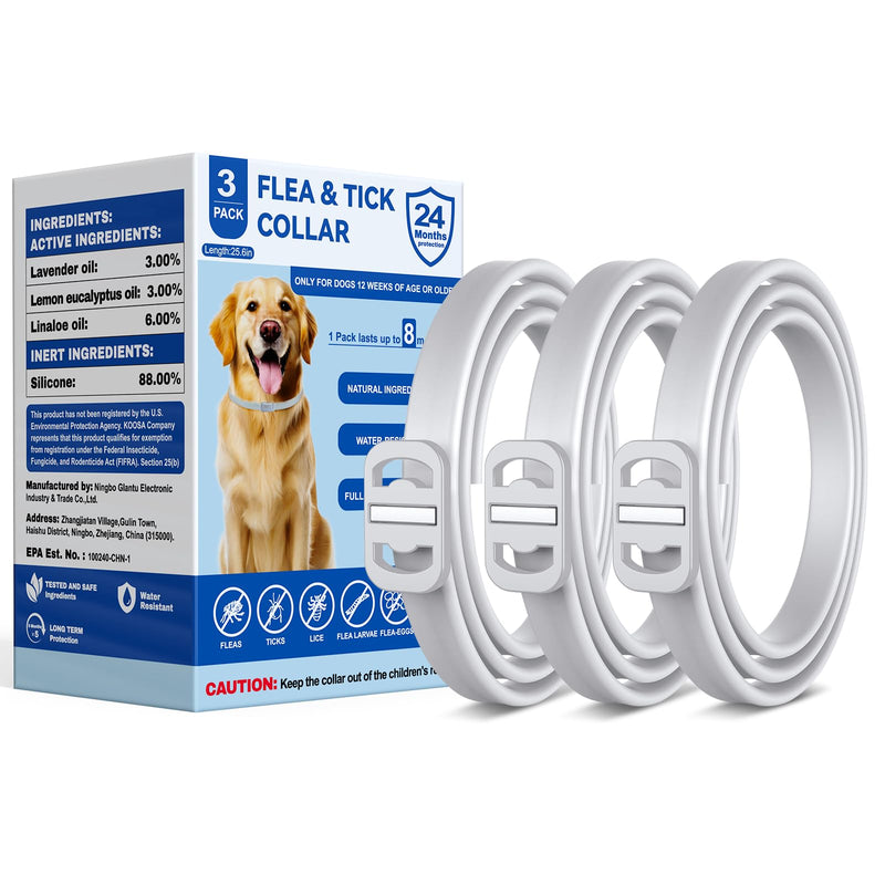 KOOSA Flea and Tick Collar for Dogs, 3 Packs Flea Collar for Dogs with Natural Essential Oils, Waterproof & Adjustable Flea and Tick Prevention Collar for Small Medium Large Dogs & Puppies, Grey 07