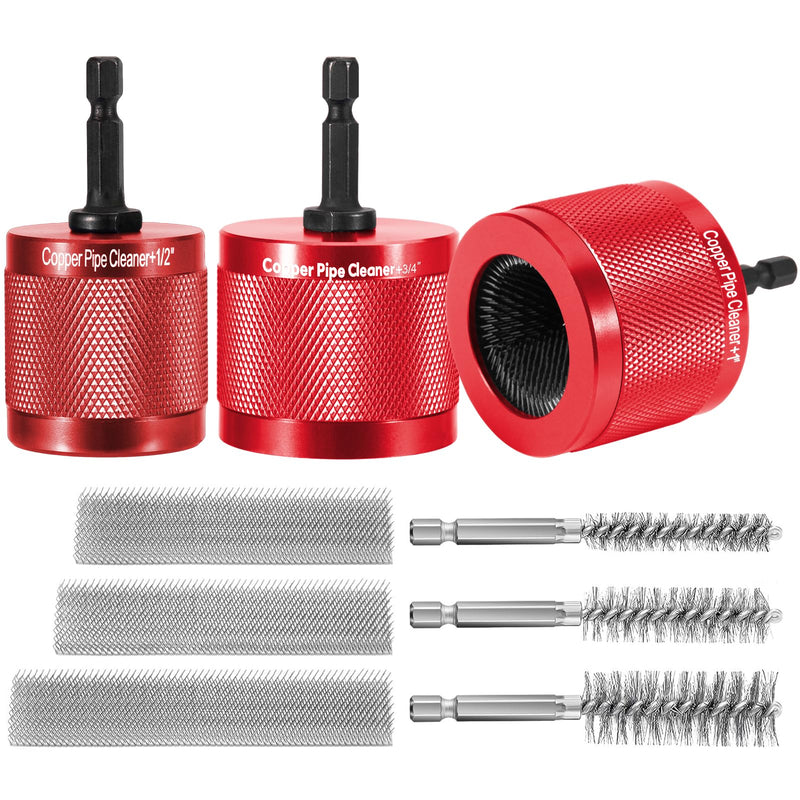 1/2" & 3/4" & 1" Copper Pipe Cleaner for Drill, with 1/4 Hex Shank & 3 Stainless Steel Wire Brushe, for Cleaning Rust, Stains, Paint on Copper Pipes and Various Metal Pipes(Red) Red