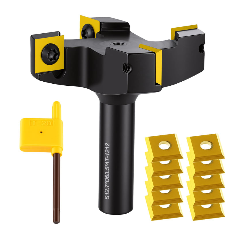 CNC Spoilboard Surfacing Router Bit,4 Wings 1/2" Shank 2-1/2" Cutting Diameter,10 PCS Carbide Insert, Woodworking Tools for Hardwood & Softwood Surfacing Flattening Planing Bit S12.7*D63.5*4T