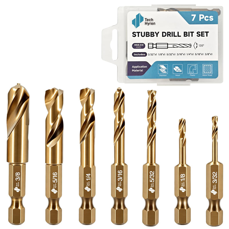 7Pcs Cobalt Stubby Drill Bit Set M35 HSS 1/4" Hex Shank 3/32"-3/8" | Short Drill Bits for Wood Plastic Hardened Steel Stainless Steel 135° Split Point Heavy Duty Hex Shank Drill Bit Set