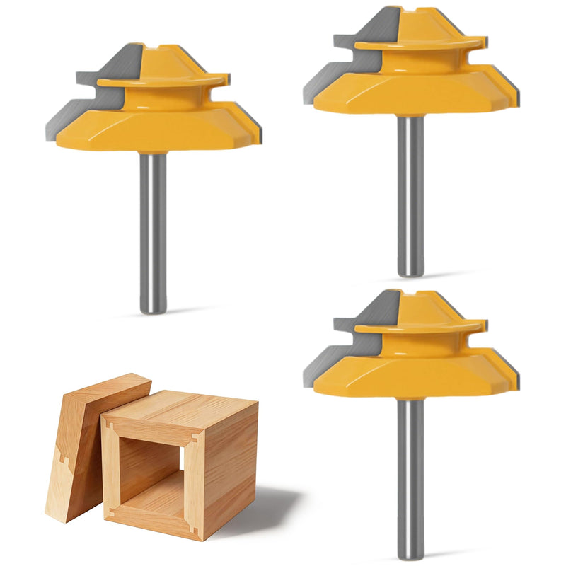 3PCS 45 Degree Lock Miter Router Bit 1/4 Inch Shank, Carbon Steel Joint Router Bits Woodworking Tools for Cabinetry Drawers Shadow Boxes, 3pcs, 1/4" Shank, 3/4" Cutting Height 3/4" * 3pcs