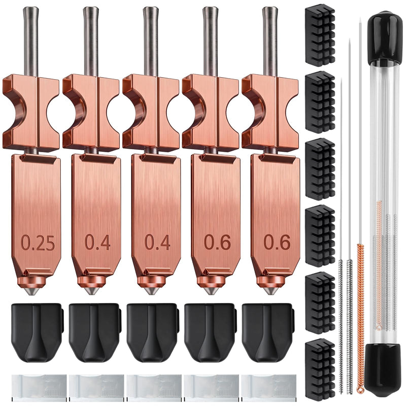 Upgraded AD5X Hotend Kit,0.25MM/2*0.4MM/2*0.6MM Nozzles,5 Silicone Sock,6 Nozzle Brush,30 Cleaning Needles,5 Silicone Greases,All Metal Quick-Detachable Nozzle Kit,32mm³/s High Flow,600mm/s High-Speed 0.25mm/2*0.4mm/2*0.6mm