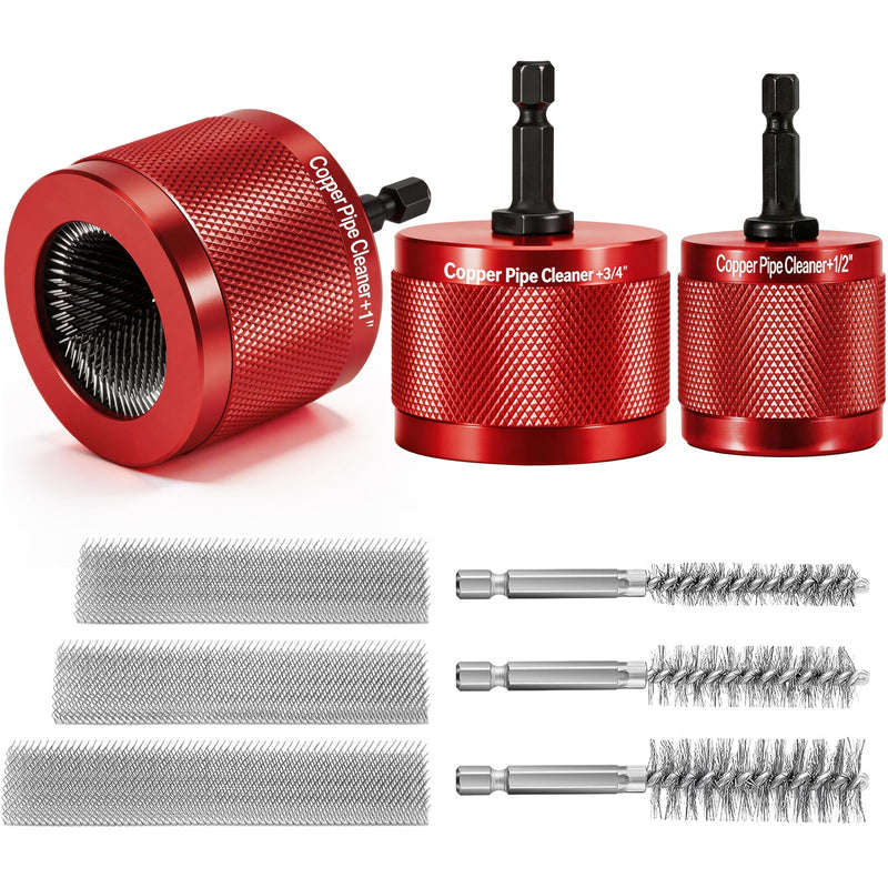 9Pcs Copper Pipe Cleaner for Drill Set, 1/2" 3/4" 1" Copper Pipe Cleaner with 1/4" Hex Shank, Replaceable Stainless Steel Brush Blades, Inner Wall Metal Tube Cleaner for Plumbing Removing Rust Stain