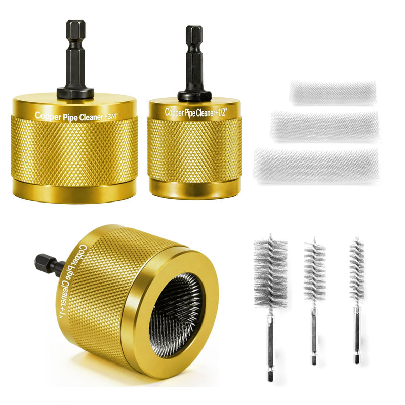 [3-Size/9PC]Metal Copper Pipe Cleaner Set for Drill,[1 Cleaning Brush & 2 Brushing Pieces for Each Size]1/2" 3/4" 1" Copper Pipe Cleaner for Drill/Soldering,w/Stainless-Steel Wire Bristles & 1/4"Shank Gold
