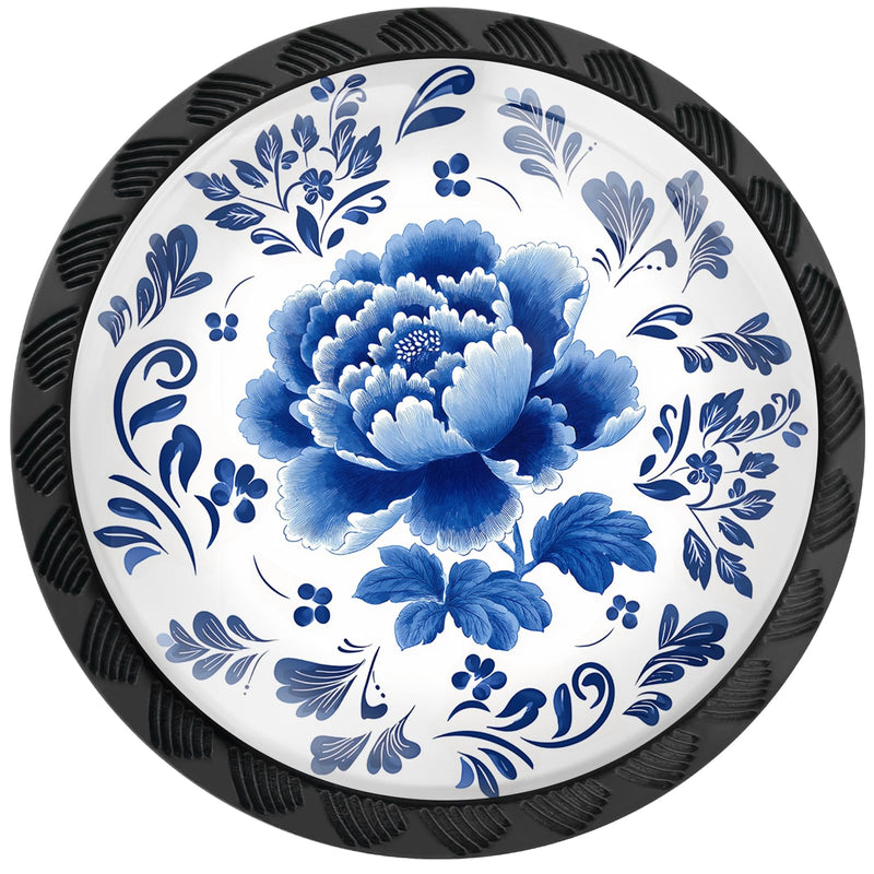 12 Pack Blue Peony Flower Cabinet Knobs for Kitchen Bathroom | Floral Drawer Pulls Round Black Dresser Handles Hardware for Desk Cupboard Wardrobe Closet Vanity Door Decor