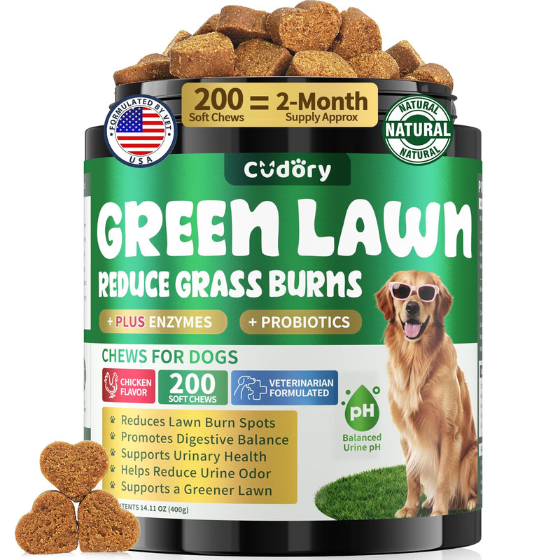 Dog Urine Neutralizer for Lawn - Green Grass Chews for Dogs, 200 Chew Female Pee Grass Burn Spot by Dog Urine, Gut Health Probiotics & Enzymes, Helps Yard Stay Green, with Cranberry for Urinary Tract