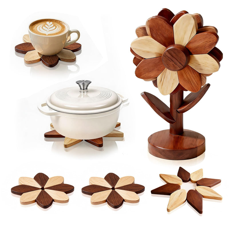 Wooden Trivets for Hot Dishes - Set of 5, Foldable Sunflower-Shaped, Thick Hot Pads for Countertops, Ceramic Pots, Farmhouse Kitchen Decor, Housewarming Gifts (Walnut & Beech Wood) Walnut & Beech Wood