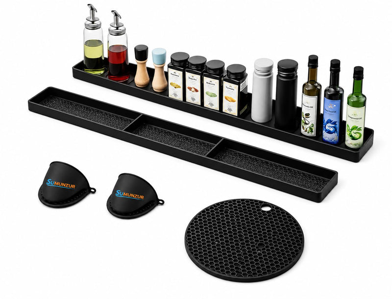 3 Piece Set:Oven Rack Organizer,Heat Resistant Trivet Mat,and Silicone Oven Mitt.The mitt ensures Safe handling of hot Dishes. Practical,Essential for Every Kitchen.Spice Rack,BPA Free