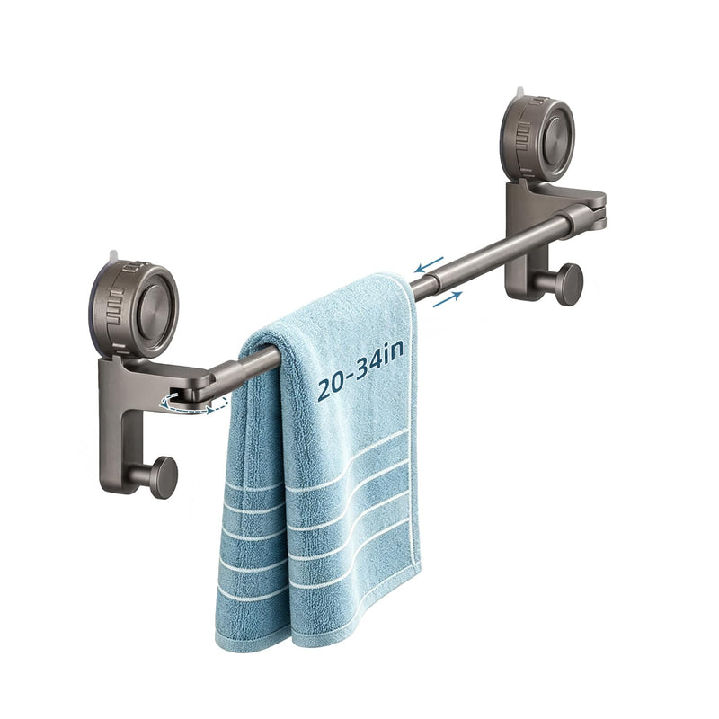 Adjustable Suction Cup Towel Bar for Bathroom Wall, 20-34" Extendable Carbon Steel Towel Racks, Space Saving Grey Bath Towel Holder with Hooks, No-Drill Mounted (20-34IN, 1-Tier) 20-34IN