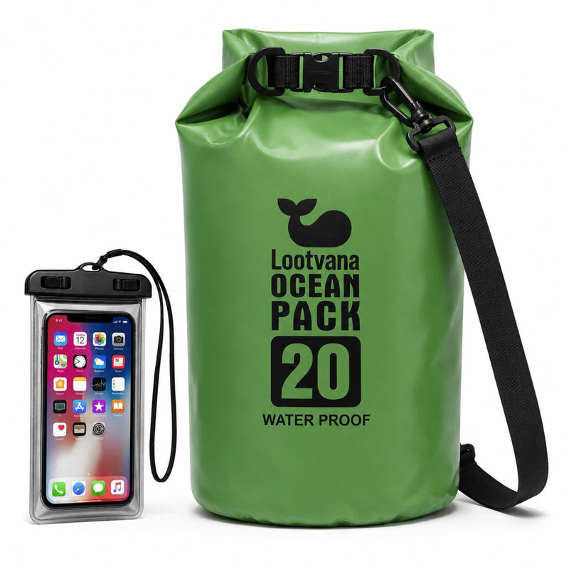 Waterproof Dry Bag with Phone Pouch, 20L Floating Roll Top Dry Sack Backpack for Kayaking, Boating, Paddle Boarding, Beach, Camping & Fishing | Lightweight Marine Gear for Men & Women Forest Green