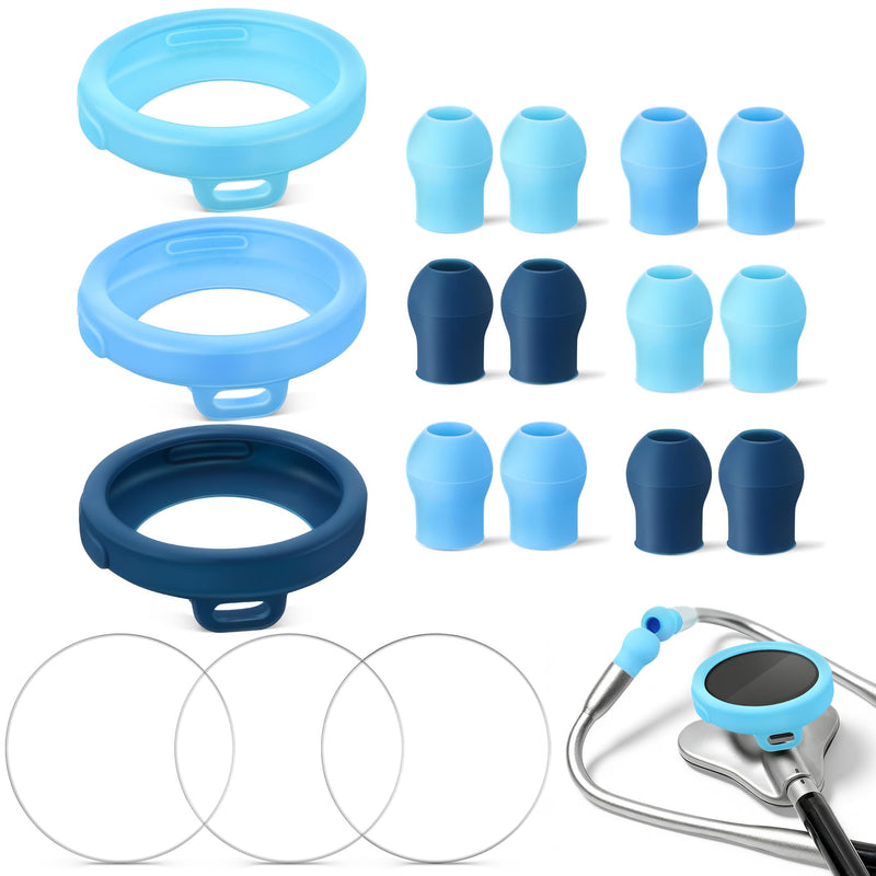 All in One Protection Kit Compatible with EKO Core 500, 3 Pcs 2.5D Tempered Glass Screen Protector 3 Digital Stethoscope Chestpiece Cover & 12 Silicon Ear Tip(Gradient Blue) Gradient Blue